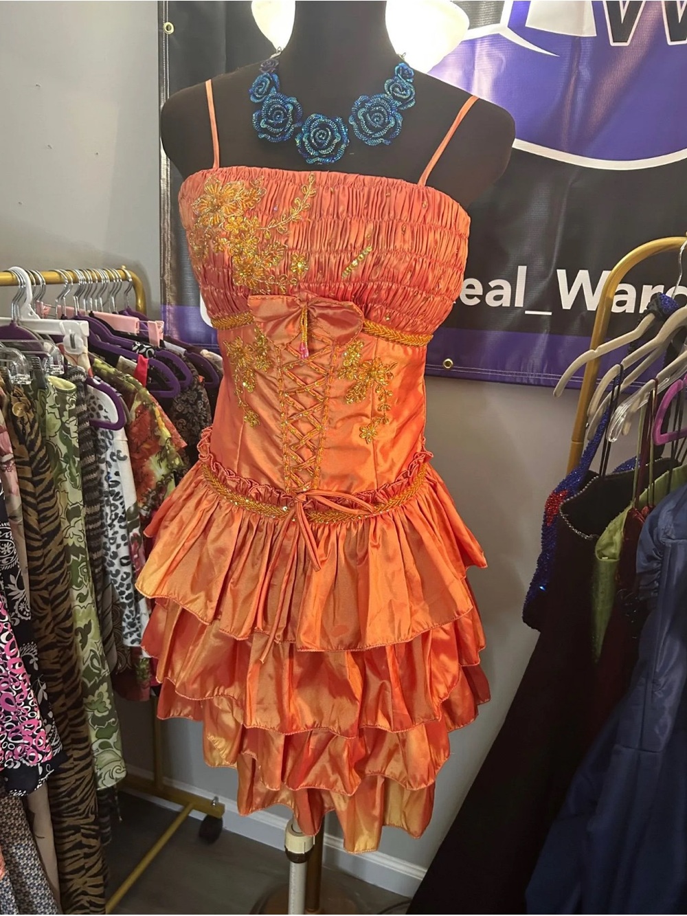 Y2K Orange Overlay Embroidered Sequin Mini Fairy Dress Handmade Size S Vintage